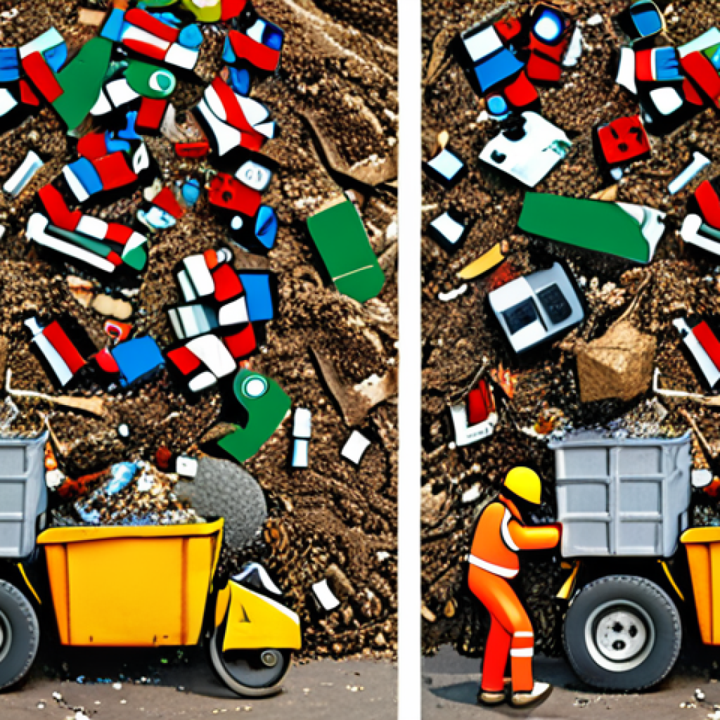 **Image Prompt 1:** A split-screen illustration: On one side, overflowing landfills with piles of waste, symbolizing the current linear economy; on the other side, a vibrant "urban mining" scene with people sorting recyclables and extracting valuable materials from electronic waste, representing a circular economy.