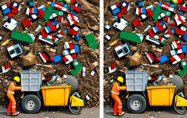 **Image Prompt 1:** A split-screen illustration: On one side, overflowing landfills with piles of waste, symbolizing the current linear economy; on the other side, a vibrant "urban mining" scene with people sorting recyclables and extracting valuable materials from electronic waste, representing a circular economy.