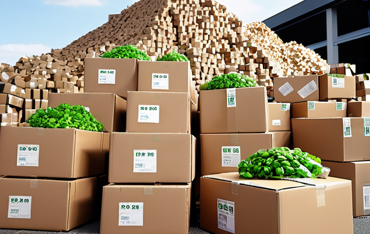 **
A mountain of discarded packaging materials (cardboard boxes, plastic wrap, styrofoam) with a single green sprout emerging from the top, symbolizing hope for sustainable solutions. In the background, blurred images of online shopping carts and delivery trucks suggest the source of the waste.
**